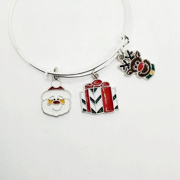 Christmas Santa, Present, and Reindeer Charm Bracelet, Silver Adjustable Jewelry - Picture 7 of 12